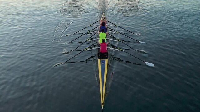 Four determined women rowers unite in action across the serene Halifax Bay as the sun rises, showcasing their strength and connection to nature's beauty