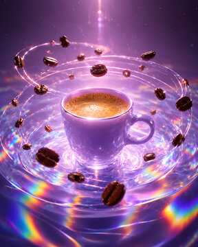 Coffee Bean Magic: A steaming cup of espresso, surrounded by swirling coffee beans and ethereal light, creates a magical and energizing experience.