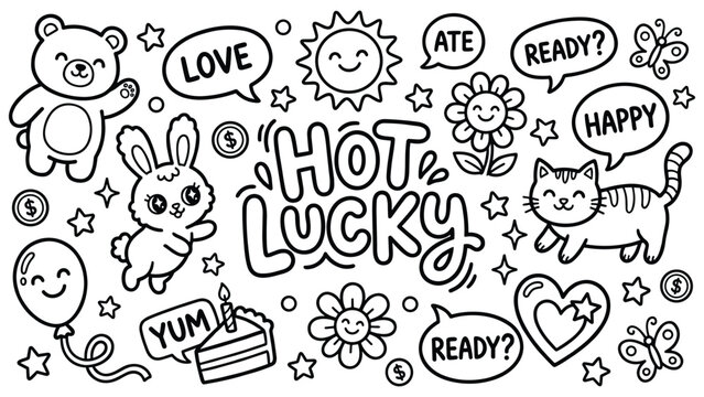 Cute cartoon animals and speech bubbles with lucky text elements for sticker set design.