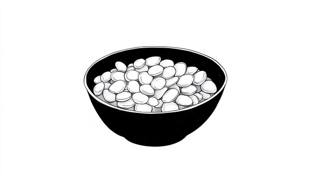 Black and white illustration features a bowl overflowing with kidney bean-shaped objects