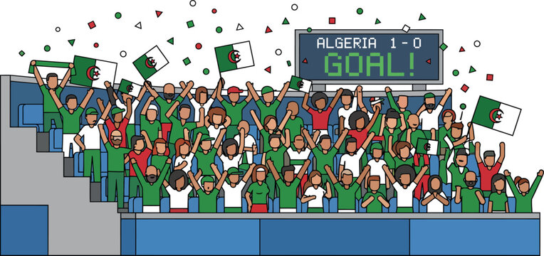 Algeria soccer fans celebrating goal in stadium with flags and scoreboard showing Algeria 10