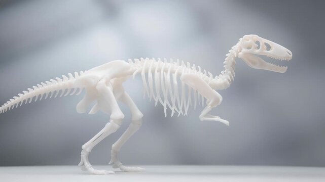 Detailed white dinosaur skeleton model slowly rotating on smooth surface with realistic lighting