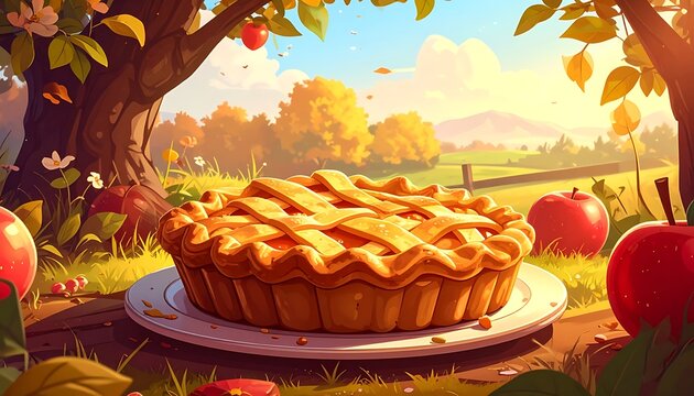 Fresh apple pie on a plate in an orchard landscape under a blue sky with golden fall colors