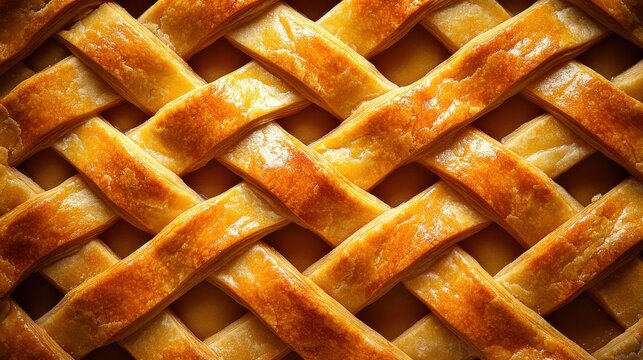 Close up of a deep golden lattice pie crust showing detail