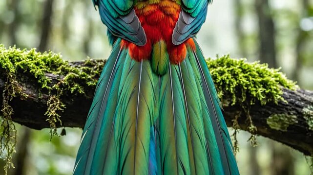 Resplendent Quetzal Bird with Magnificent Iridescent Tail Feathers Perched on a Mossy Branch in a Lush Forest Setting