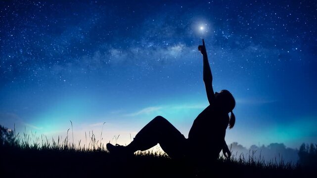 Silhouette of a person sitting on grass under a vast starry night sky reaching out in peaceful nature