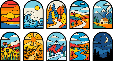 Obraz premium Collection of ten colorful vector landscape illustrations featuring various natural scenes like mountains forests oceans and night skies in arches