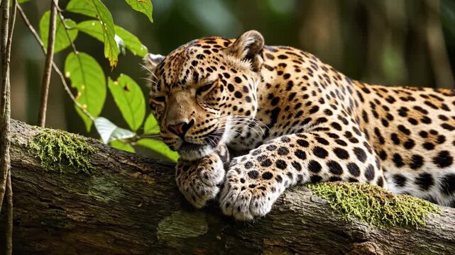 Majestic Clouded Leopard Rests on a Mossy Tree Branch in Lush Greenery