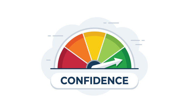 Colorful vector illustration of a gauge measuring business confidence levels with a bold white arrow indicator