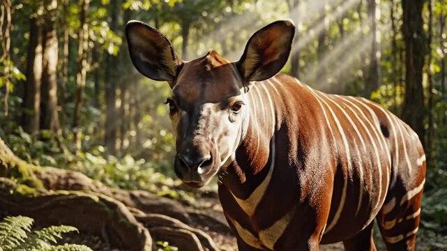 An okapi with striking zebra-like leg stripes stands alert in a sun-dappled forest glade