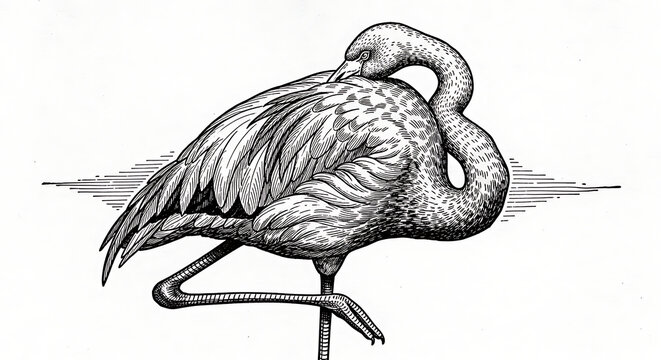 A black and white of a flamingo preening its feathers, isolated on a transparent background