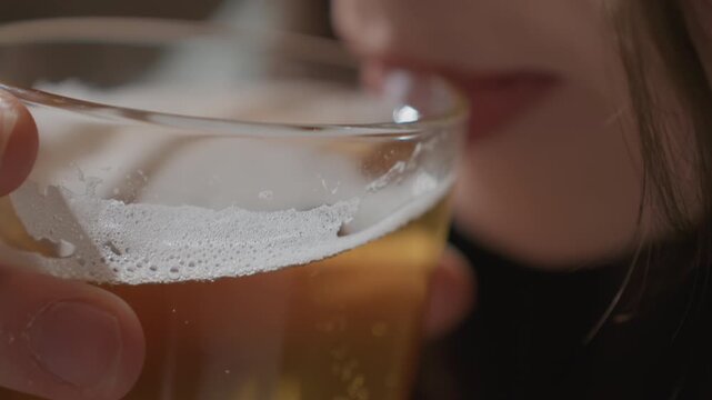 Woman enjoying her favorite freshly poured drink. Female unwinding with cold glass of her preferred craft beer. Woman relaxes peacefully while holding and sipping her favorite craft brew comfortably