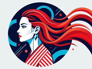 Modern Vector Illustration of a Stylish Woman with Long Flowing Red Hair, Profile Portrait in a Graphic Pop Art Style with Geometric Elements © Geryy
