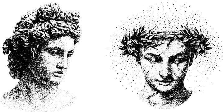Pair of classical busts with laurel crowns on white background