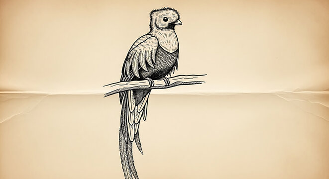 A crosshatched quetzal bird perched on a branch, isolated on a transparent background