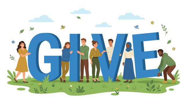 Diverse group of people holding large blue letters to spell the word give vector illustration