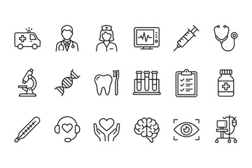 Fototapeta premium Medical and healthcare icons set with various health symbols and objects health care