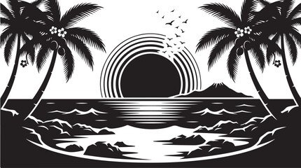 Obraz premium Black and white zebra pattern with palm leaves and circular in the center
