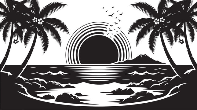 Black and white zebra pattern with palm leaves and circular in the center