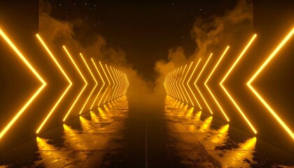 Fototapeta premium Glowing amber arrows line a reflective floor disappearing into fog