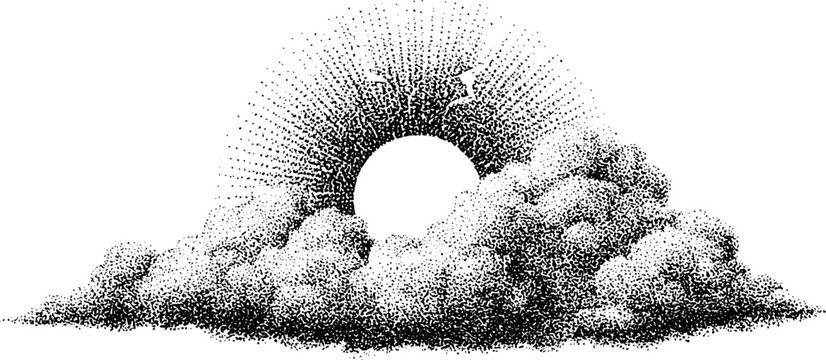 Sun rising behind low cloud formation with radiating rays