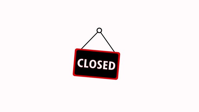 Hanging on string closed signboard looping animation on a white background. Closed text on signboard and notice concept perfect for store, business status, retail, and UI overlay usage