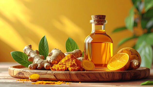Golden-hued ginger, turmeric, and oil blend on a wooden tray with a sunny yellow backdrop and green plant