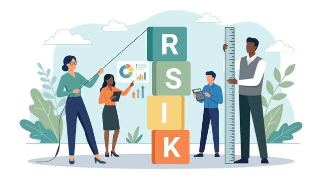 Professional business team working together to manage corporate risk using large colorful blocks and measuring tools