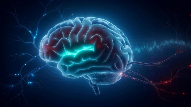 Glowing human brain with vibrant neural networks firing electric signals animation