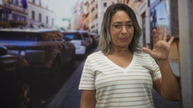 Woman waves hand on street wearing glasses and striped shirt, palm raised in casual greeting; friendly greeting.