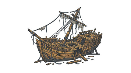 Old wooden pirate ship wreck illustration isolated on white. © amel