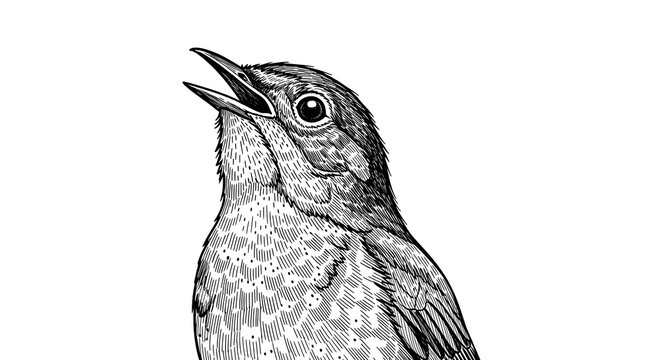 A nightingale bird singing, head turned to the left, isolated on a transparent background