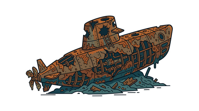 Old Rusty Submarine Wreckage Underwater Illustration.