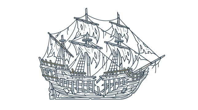 Old Sailing Ship Illustration Detailed Drawing.
