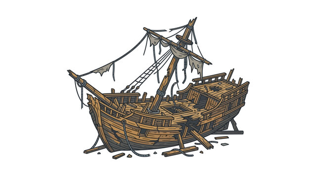 Old wooden pirate ship wreck illustration isolated on white.