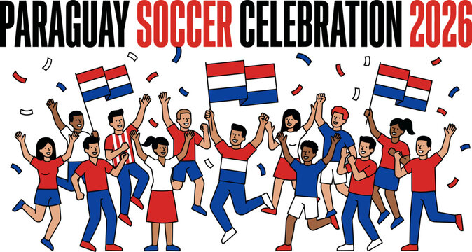 Paraguay soccer fans celebrating with flags and confetti happily together