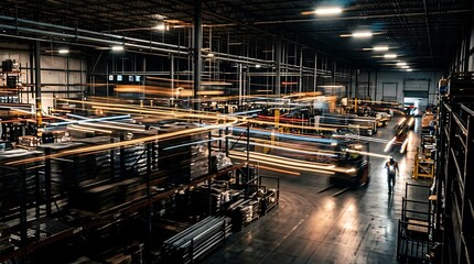 Fototapeta premium Industrial warehouse interior showing light trails of moving forklifts during night shift logistics operations with worker walking