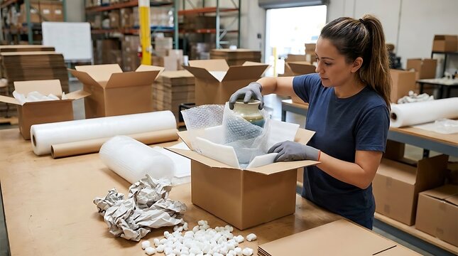 Female worker packing a ceramic vase into a cardboard box in warehouse