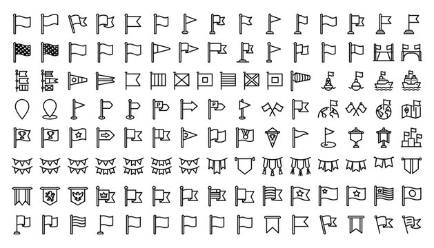 Comprehensive Flag and Maritime Line Icon Set featuring Navigation Pins Racing Checkered Banners Party Bunting and Nautical Achievement Symbols for Web Media