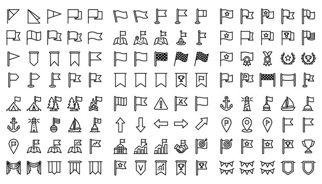 Flag and Map Pin Outline Icon Set with Maritime Signals Camping Markers Bunting Streamers Navigation Arrows and Target Achievement Symbols for Interface Design