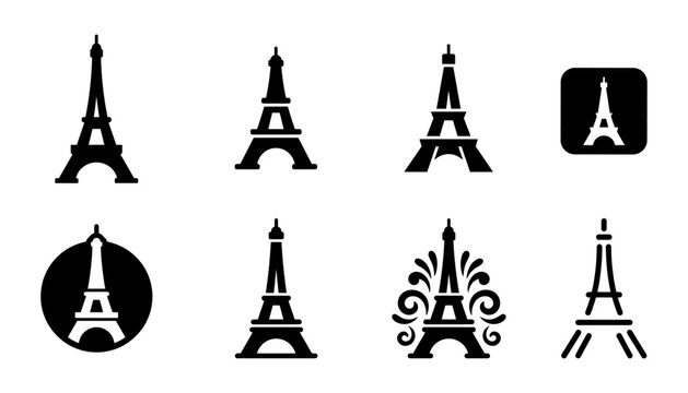 Eiffel Tower Silhouette Icon Set with Minimalist French Landmark Symbols Architectural Badges and Paris Travel Logos for Tourism and Graphic Design Projects
