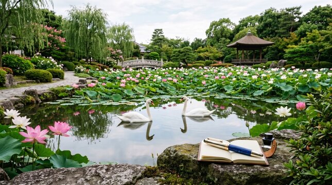 Two white swans swimming in a pond with lotus flowers and an open notebook on a rock.