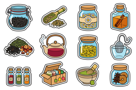 Assorted tea icons featuring jars, teapots, and ingredients.