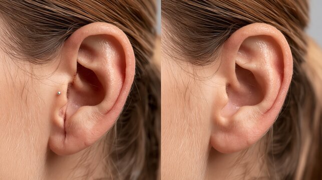 Split frame showing an earlobe completely split in two halves versus a fully intact repaired smooth earlobe.