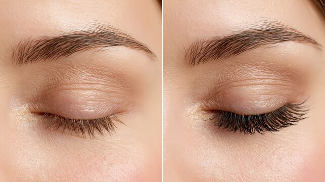 Split frame showing nearly absent sparse eyelashes on upper eyelids versus full dense dark uniform eyelashes.