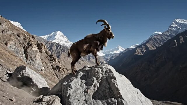 Majestic Markhor Goat With Spiraling Horns Navigates Treacherous Rocky Mountain Terrain