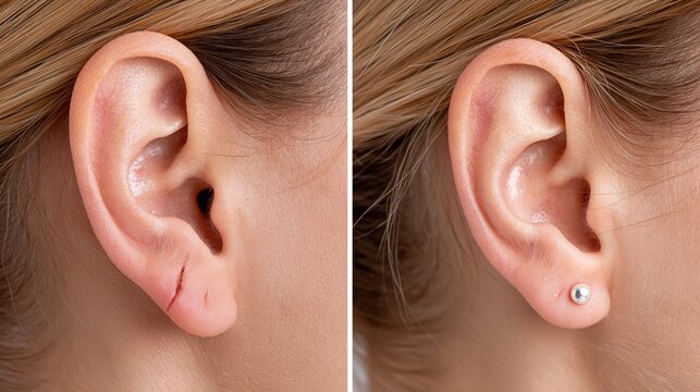 Split frame showing an earlobe completely split in two halves versus a fully intact repaired smooth earlobe.