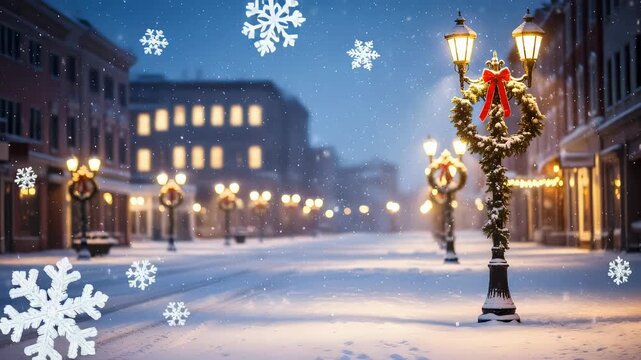 Snowy town street decorated for Christmas with festive wreaths on lamp posts. Winter evening city view with falling snowflakes for a holiday seasonal loop video.