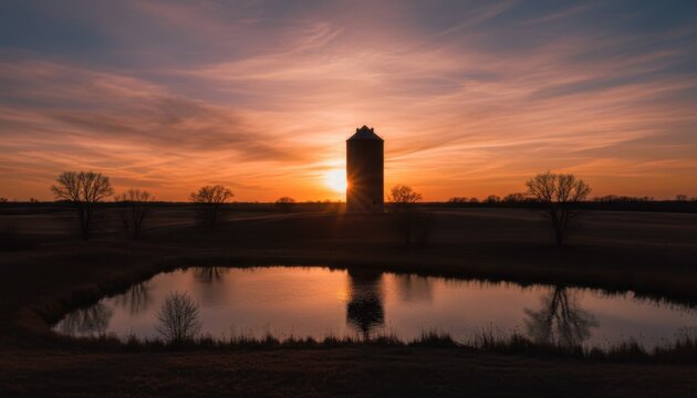 Sunset over tranquil silhouette tower by calm water.