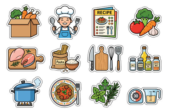 Cute cooking icons: chef, ingredients, recipe, tools, pasta dish.
